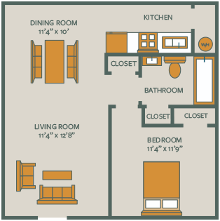 Floor plan for 1 bed, 1 bath, 390 sqft